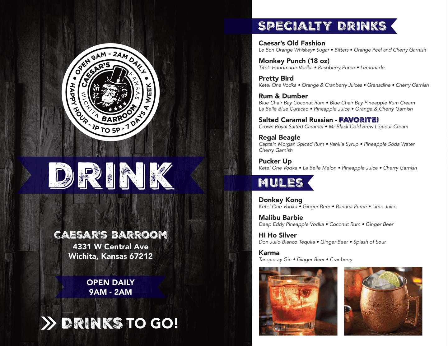 Caesar's Barroom drink menu page 1